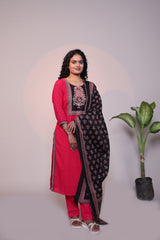 Red floral design 3/4 slevee salwar suit with matching pant and contrast printed dupatta