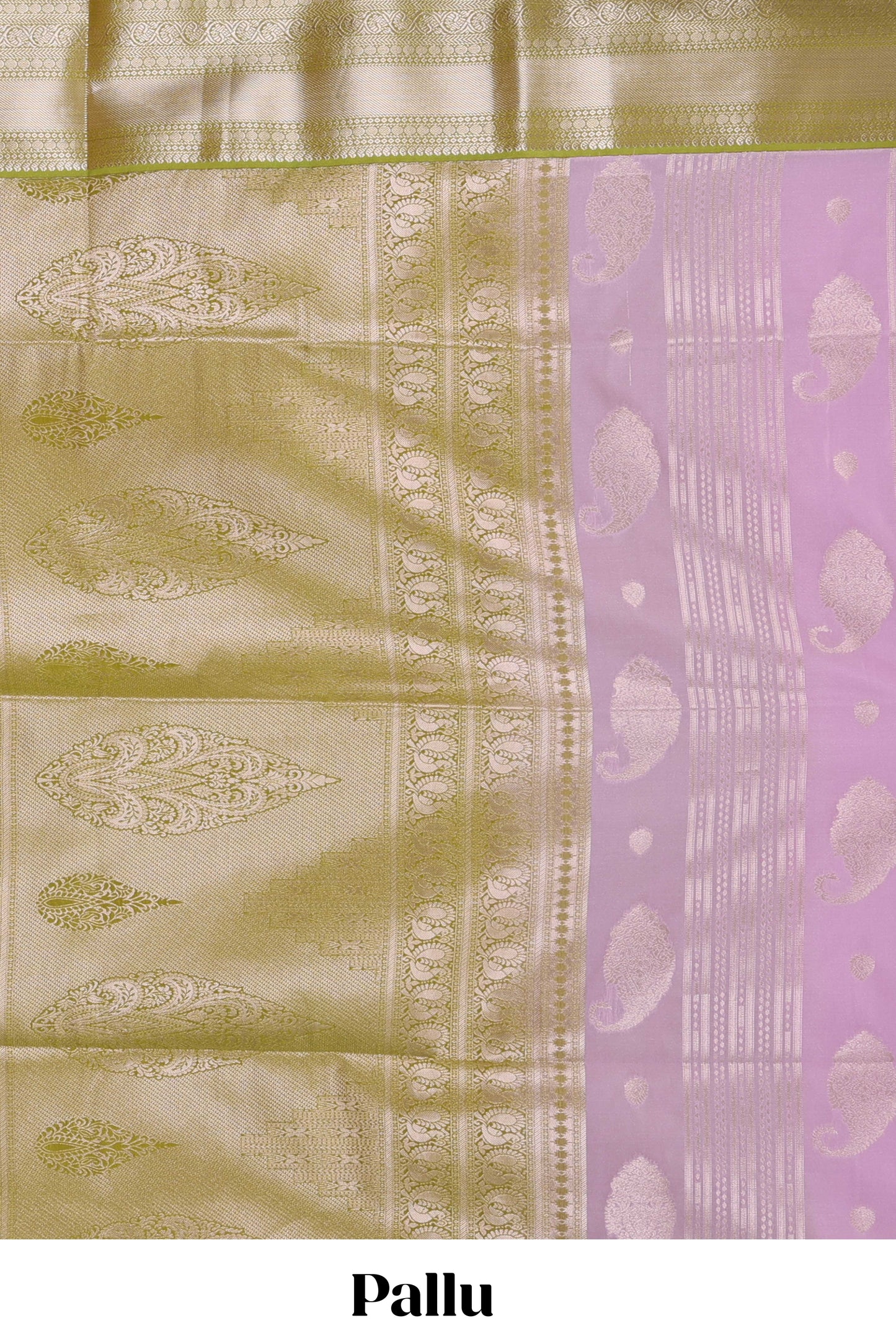 Lavender semi soft silk banarasi style saree with gold zari stripes and contrast border