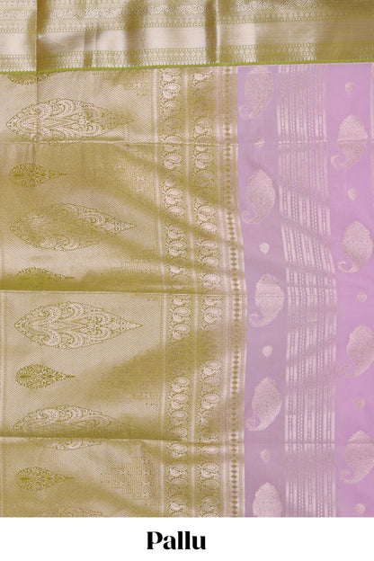 Lavender semi soft silk banarasi style saree with gold zari stripes and contrast border