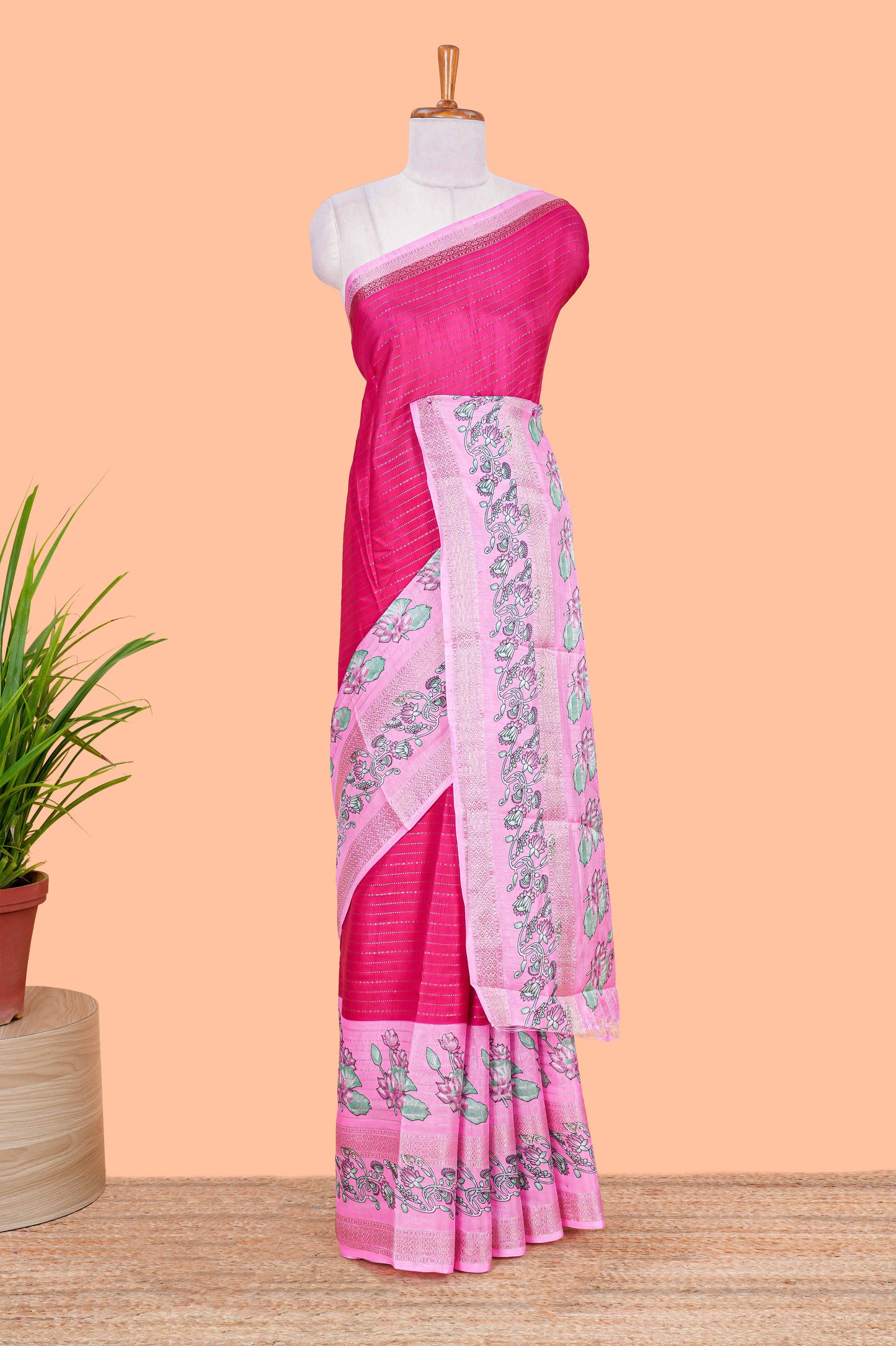 Pink zari striped dola silk saree with contrast floral print bentex zari border and printed pallu