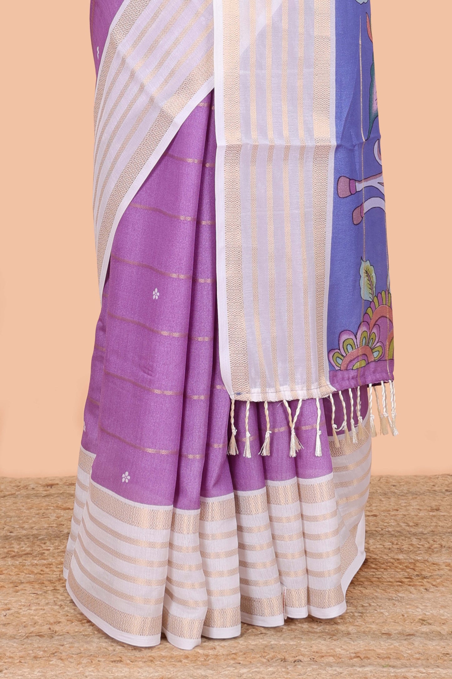 Lavender zari striped moss chiffon saree with floral butta, contrast border and pallu