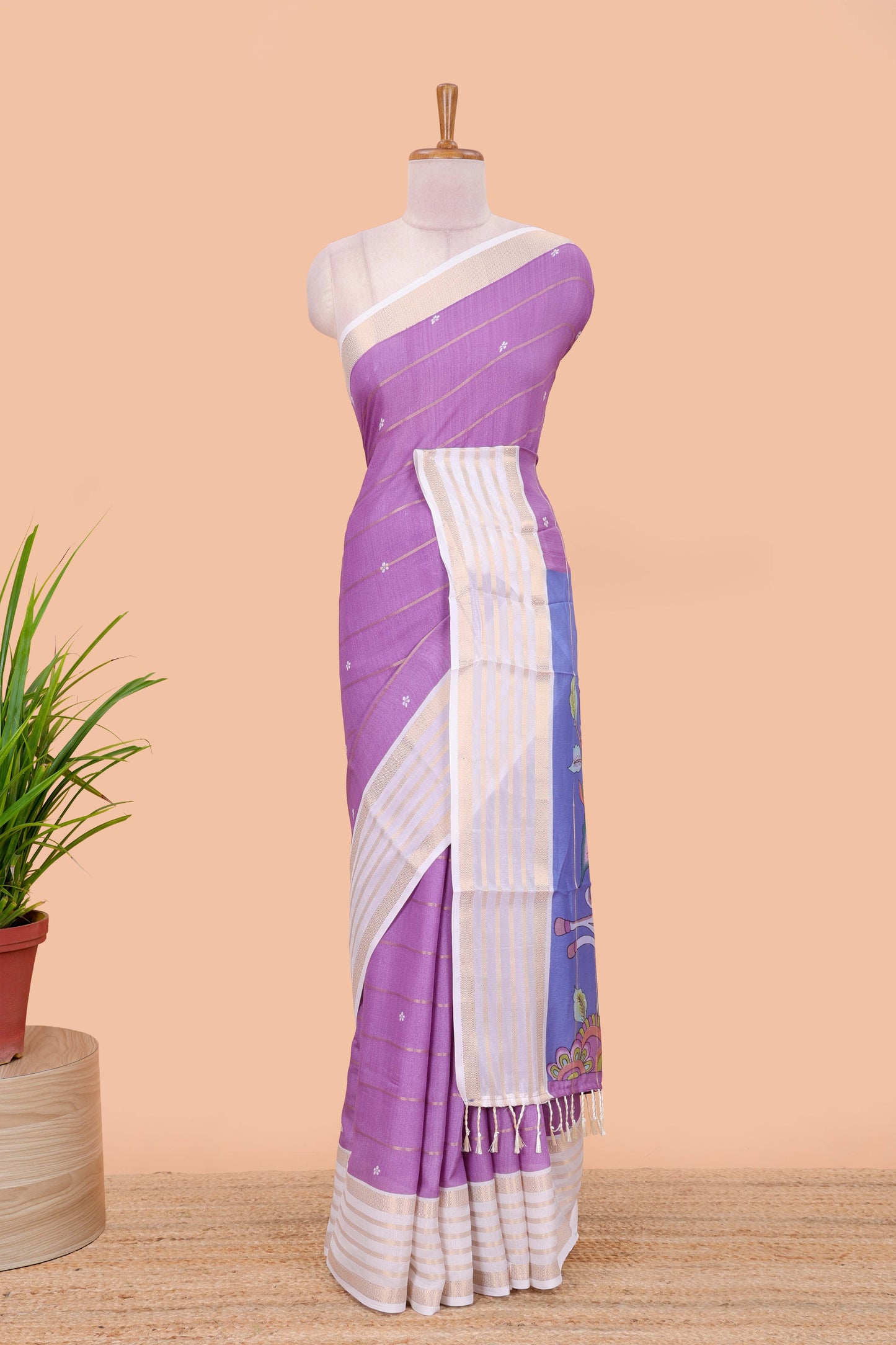 Lavender zari striped moss chiffon saree with floral butta, contrast border and pallu