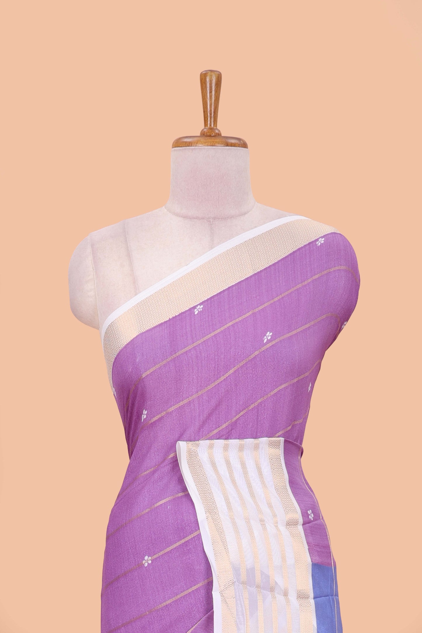 Lavender zari striped moss chiffon saree with floral butta, contrast border and pallu
