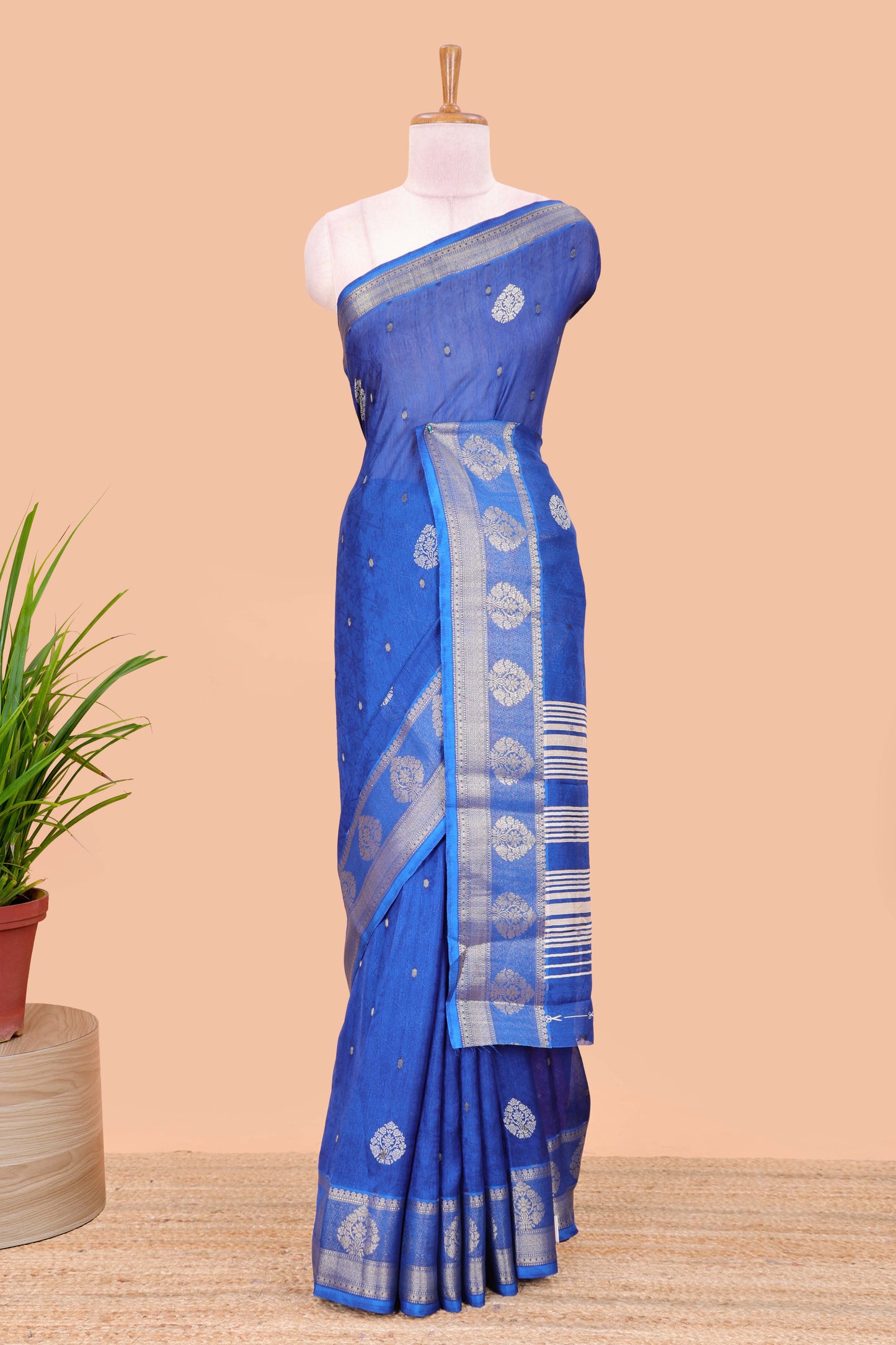 Blue viscose dola silk self jacquard saree with print and zari butta, bentex zari border