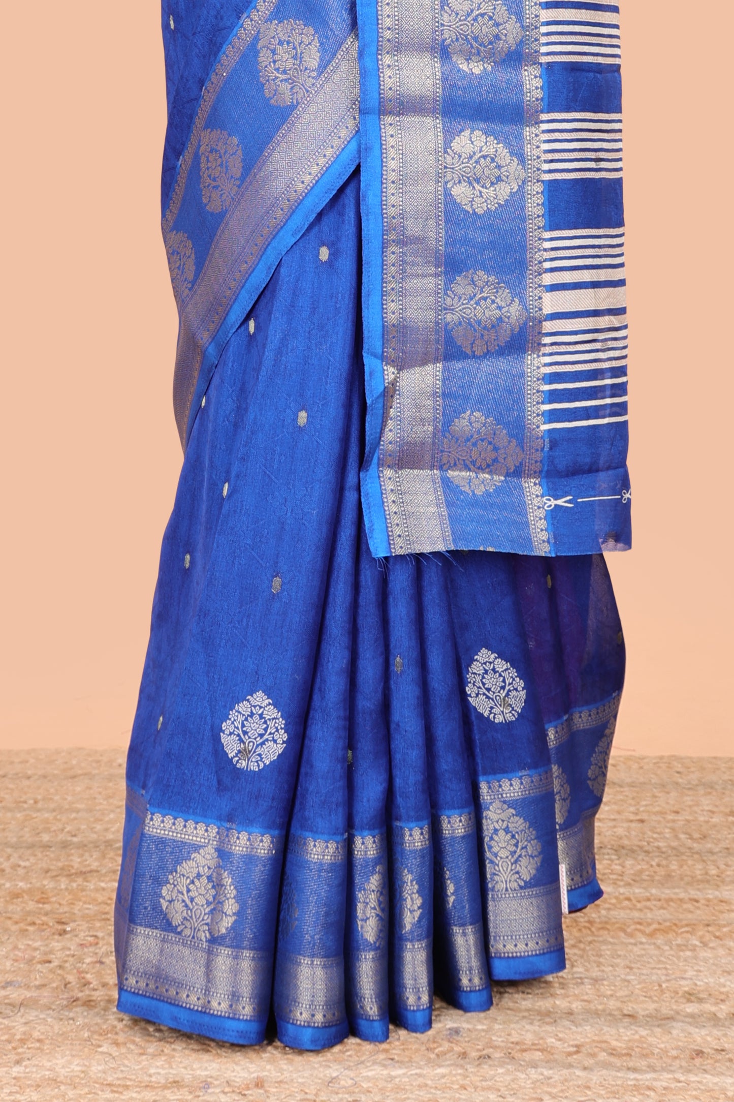 Blue viscose dola silk self jacquard saree with print and zari butta, bentex zari border