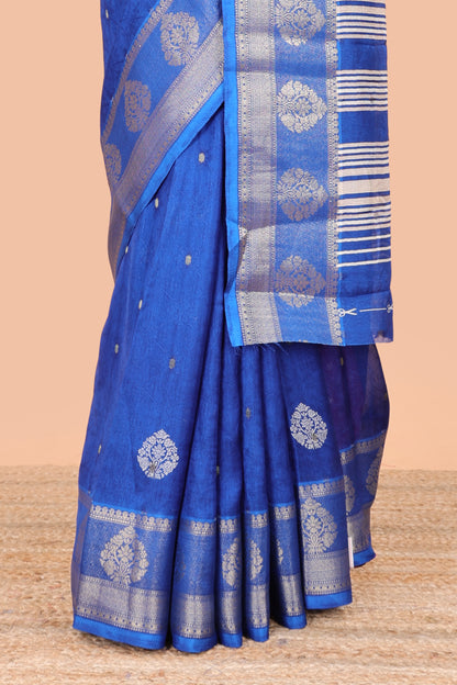 Blue viscose dola silk self jacquard saree with print and zari butta, bentex zari border