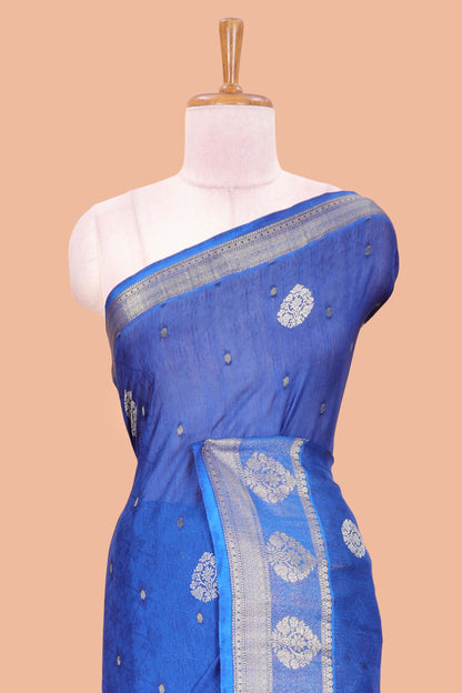 Blue viscose dola silk self jacquard saree with print and zari butta, bentex zari border