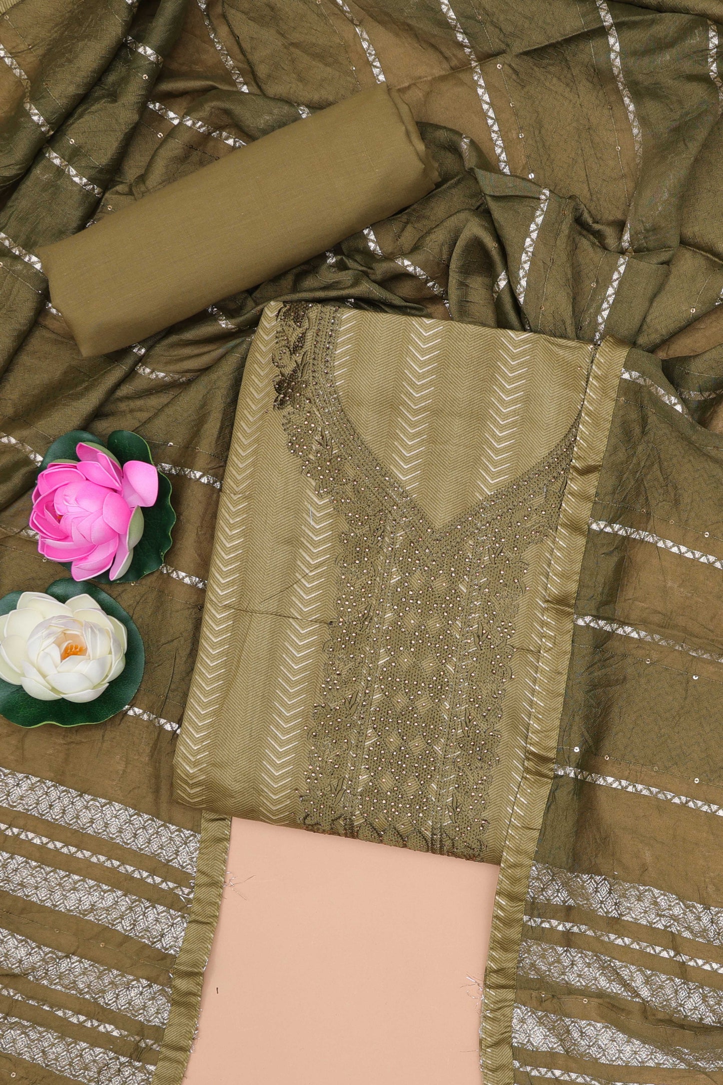 Green cotton embroidered chudidhar material with bottom and striped dupatta