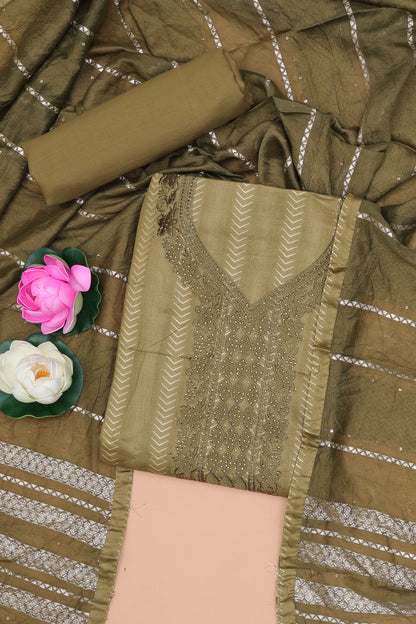 Green cotton embroidered chudidhar material with bottom and striped dupatta