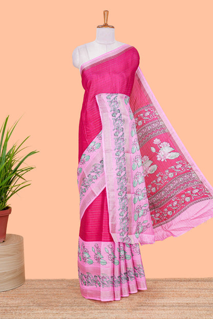 Pink zari striped dola silk saree with contrast floral print bentex zari border and printed pallu