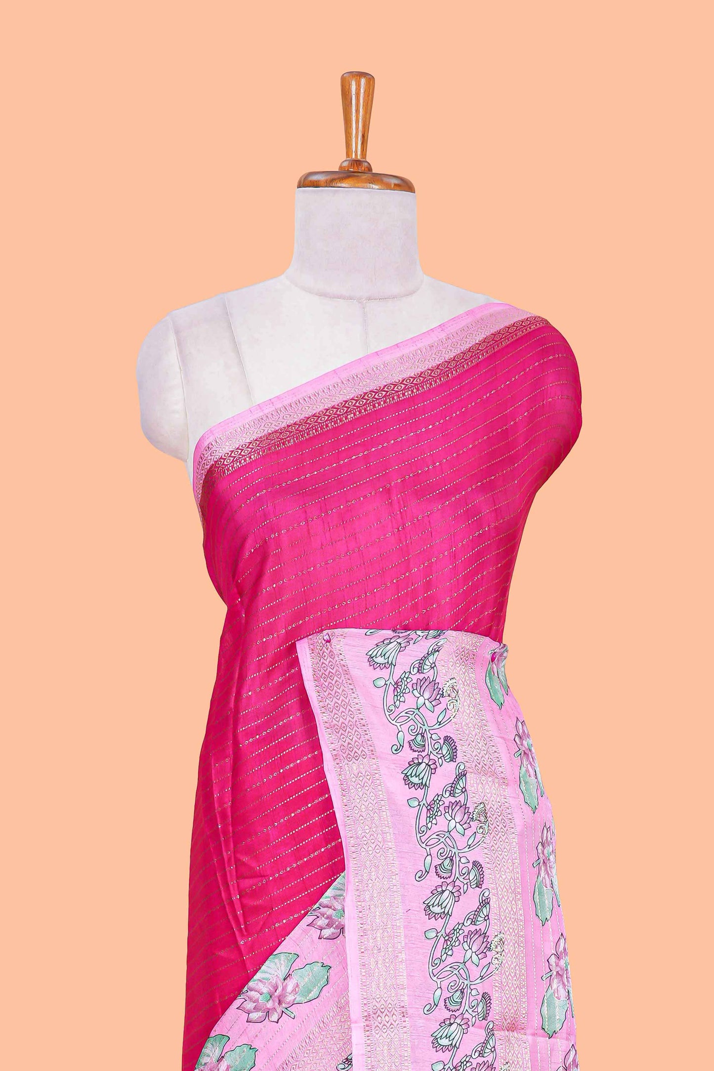 Pink zari striped dola silk saree with contrast floral print bentex zari border and printed pallu