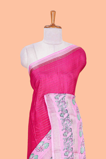 Pink zari striped dola silk saree with contrast floral print bentex zari border and printed pallu