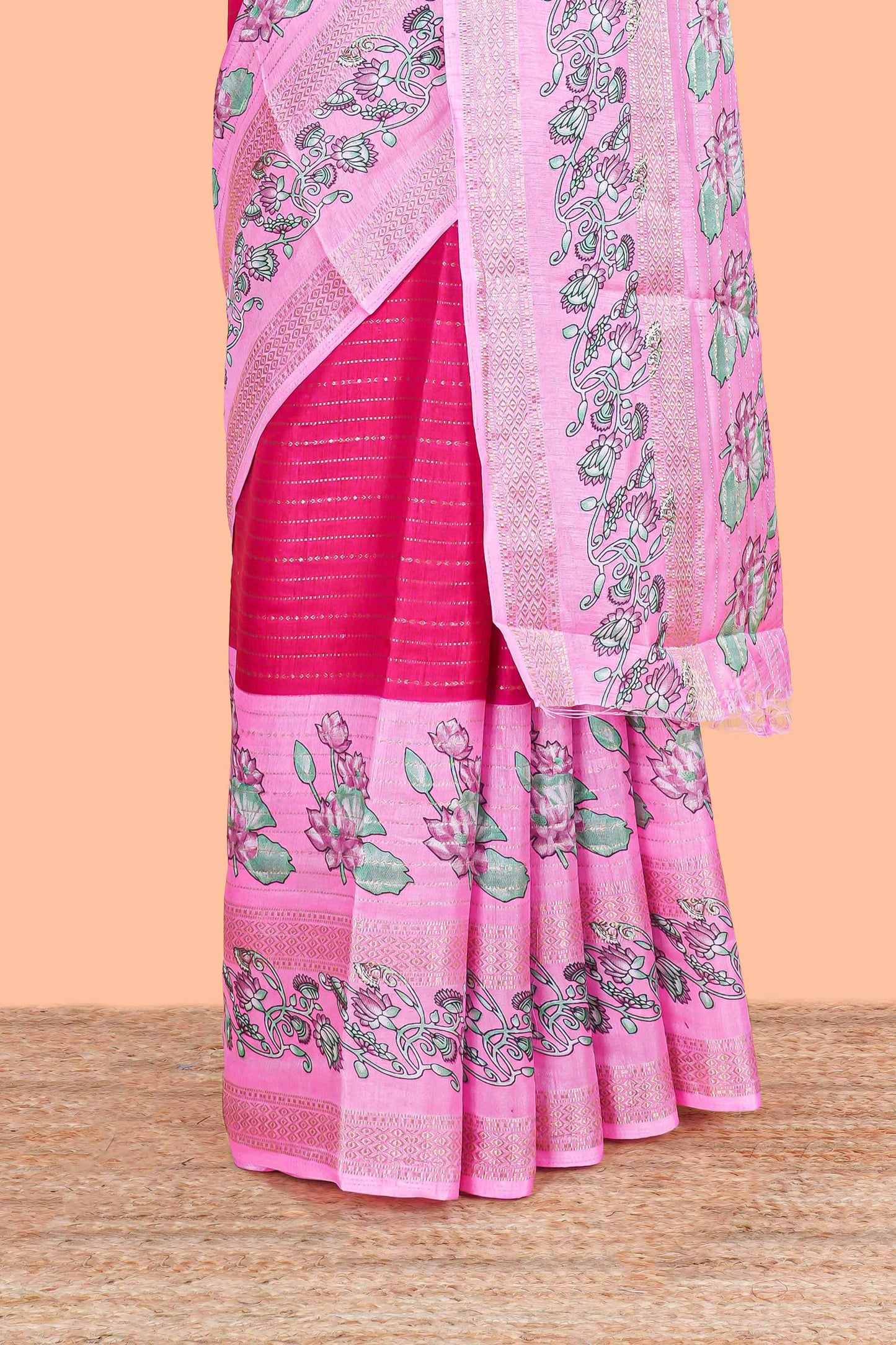 Pink zari striped dola silk saree with contrast floral print bentex zari border and printed pallu