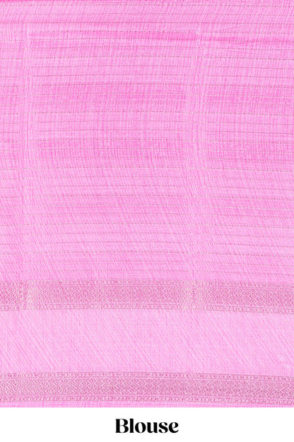 Pink zari striped dola silk saree with contrast floral print bentex zari border and printed pallu