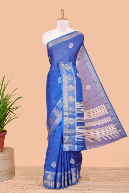 Blue viscose dola silk self jacquard saree with print and zari butta, bentex zari border