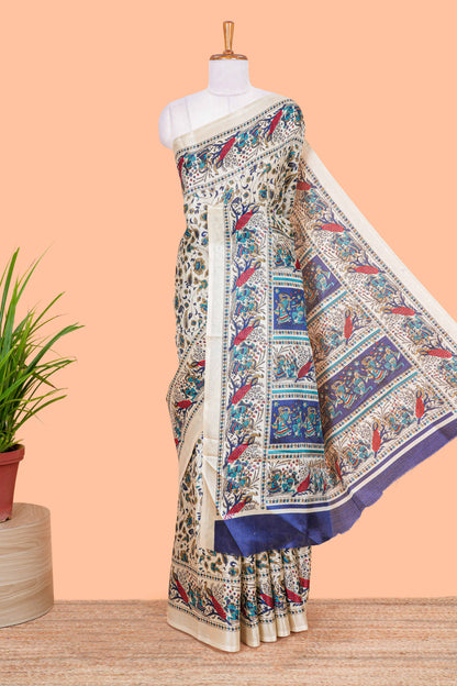 Cream khadi cotton saree with green kalamkari print on body and pallu