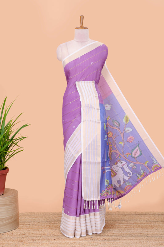 Lavender zari striped moss chiffon saree with floral butta, contrast border and pallu