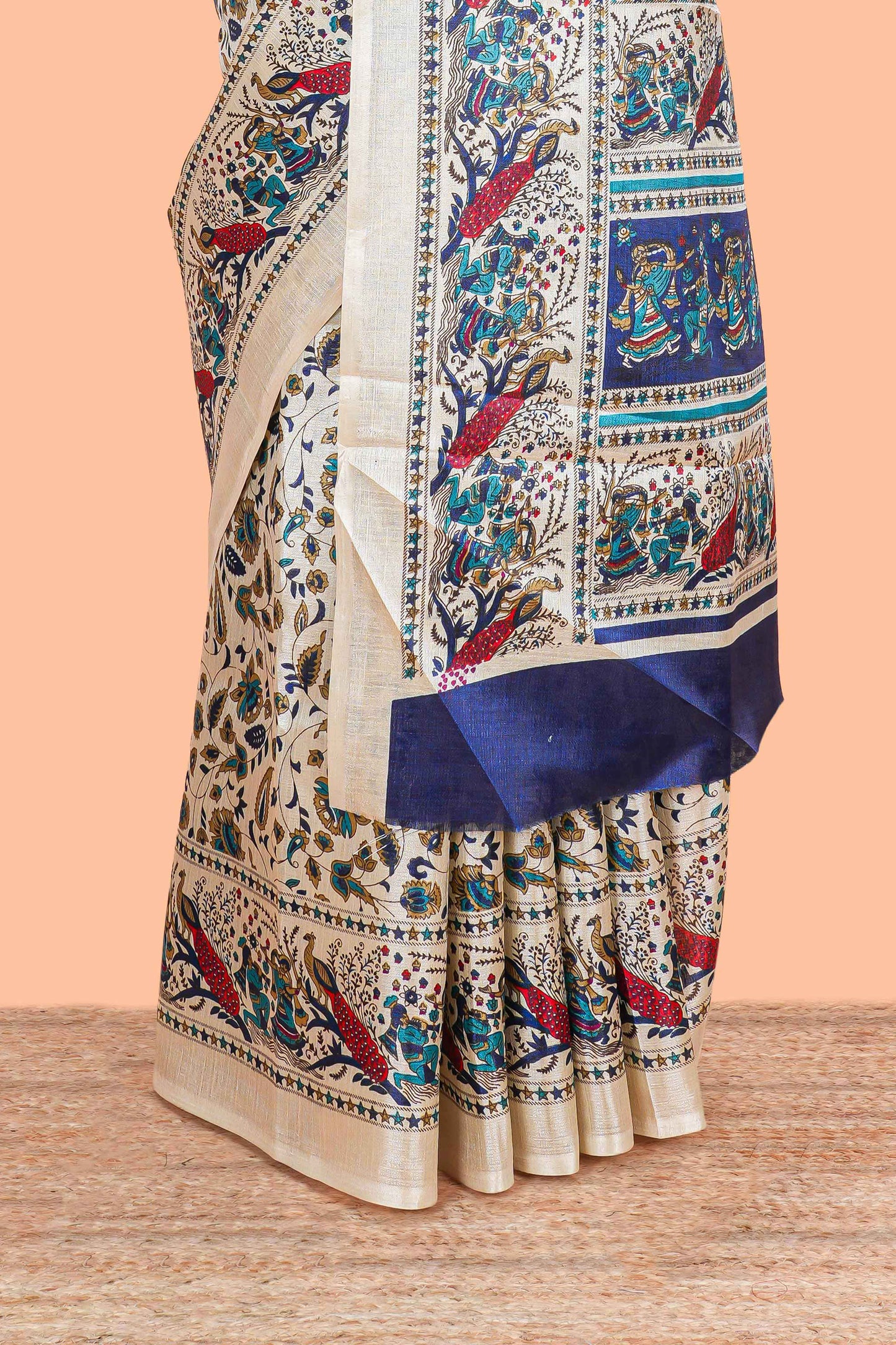 Cream khadi cotton saree with green kalamkari print on body and pallu