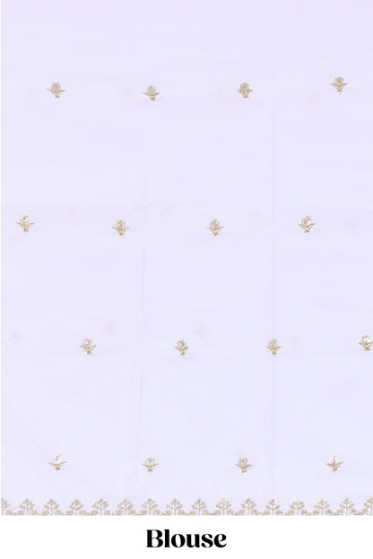 Lavender zari striped moss chiffon saree with floral butta, contrast border and pallu