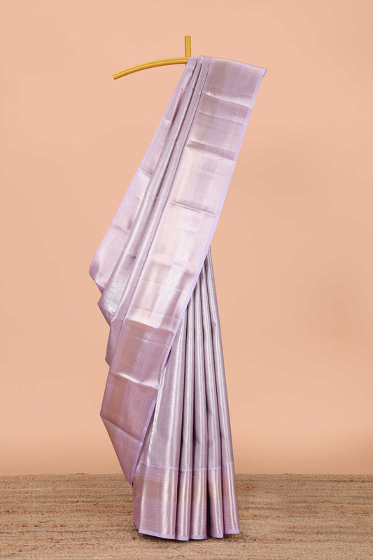 Lavender semi banaras tissue saree with floral motifs and zari border