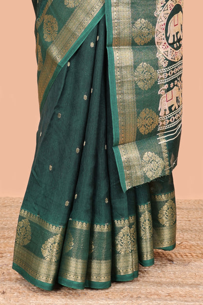 Green viscose dola silk saree with all-over zari butta, elephant motif pallu & contrast blouse