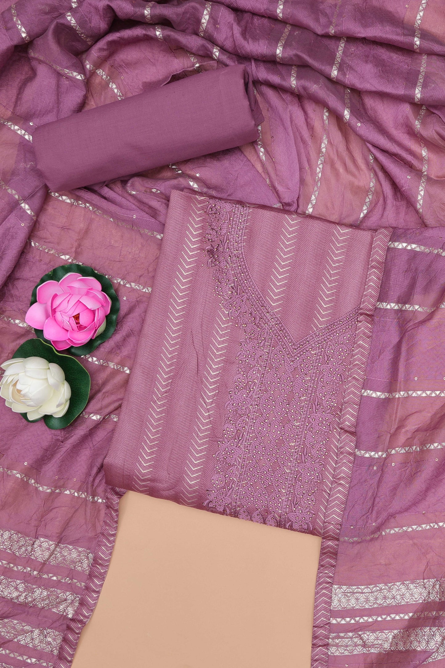 Purple cotton embroidered chudidhar material with bottom and striped dupatta