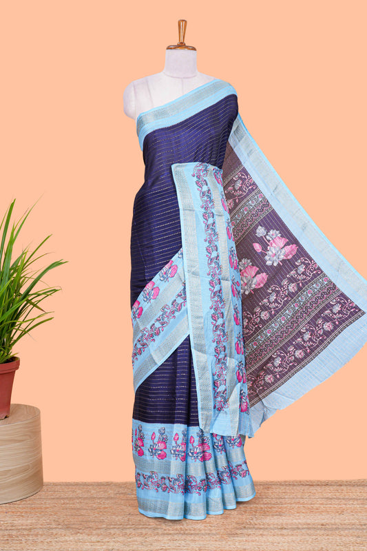 Violet zari striped dola silk saree with contrast floral print bentex zari border and printed pallu