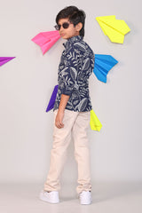 Boys Navy Blue Floral Print Cotton Full Hand Shirt with Beige Trousers Set
