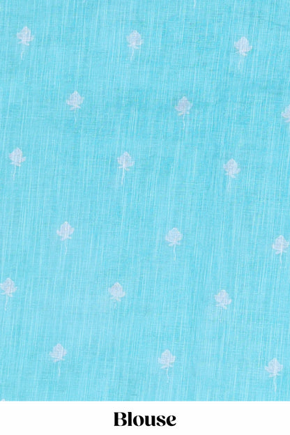Turquoise green linen cotton floral and crane birds print saree with self border and matching printed blouse