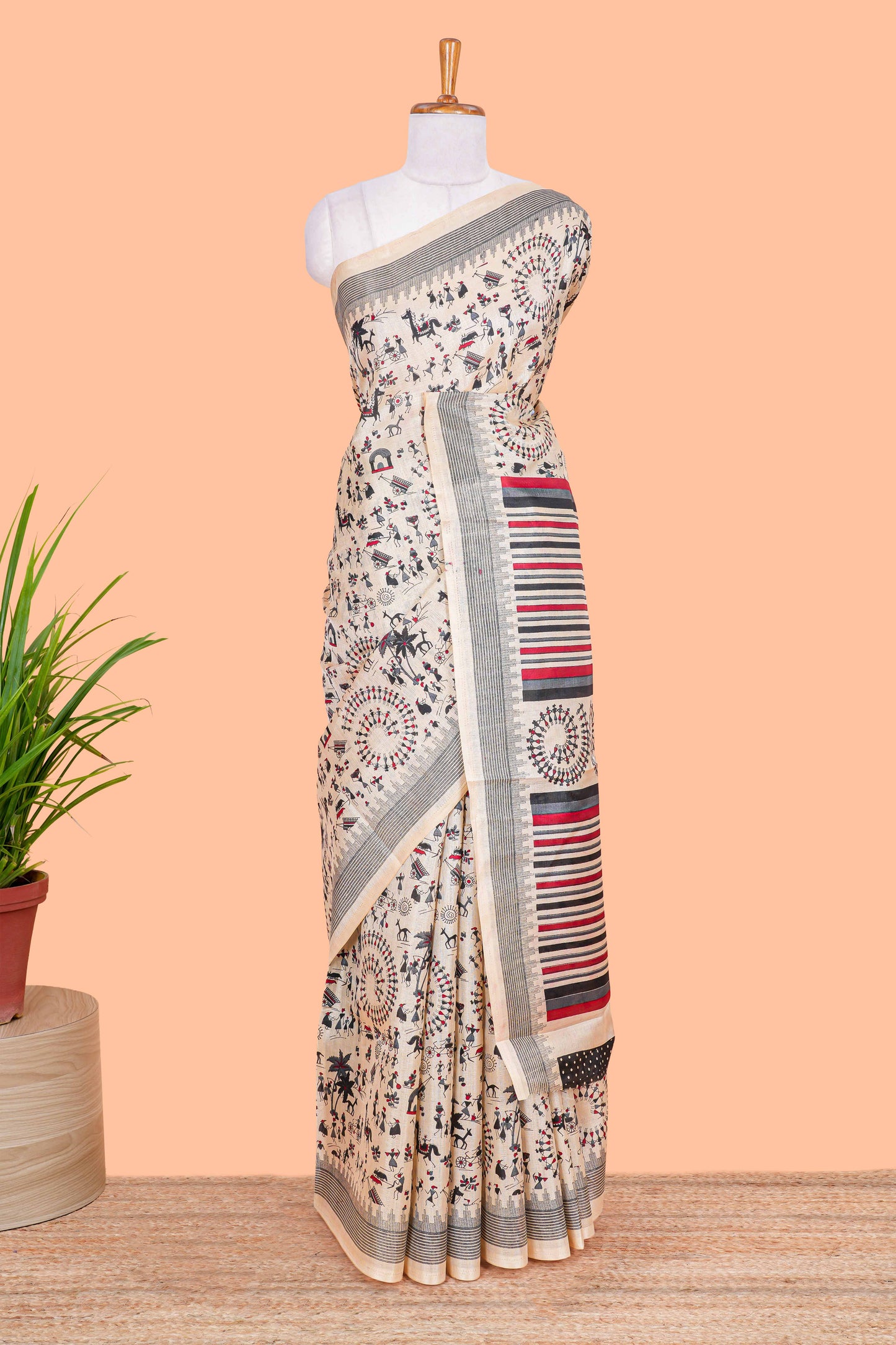 Sandal khadi cotton saree with warli print design on body and pallu