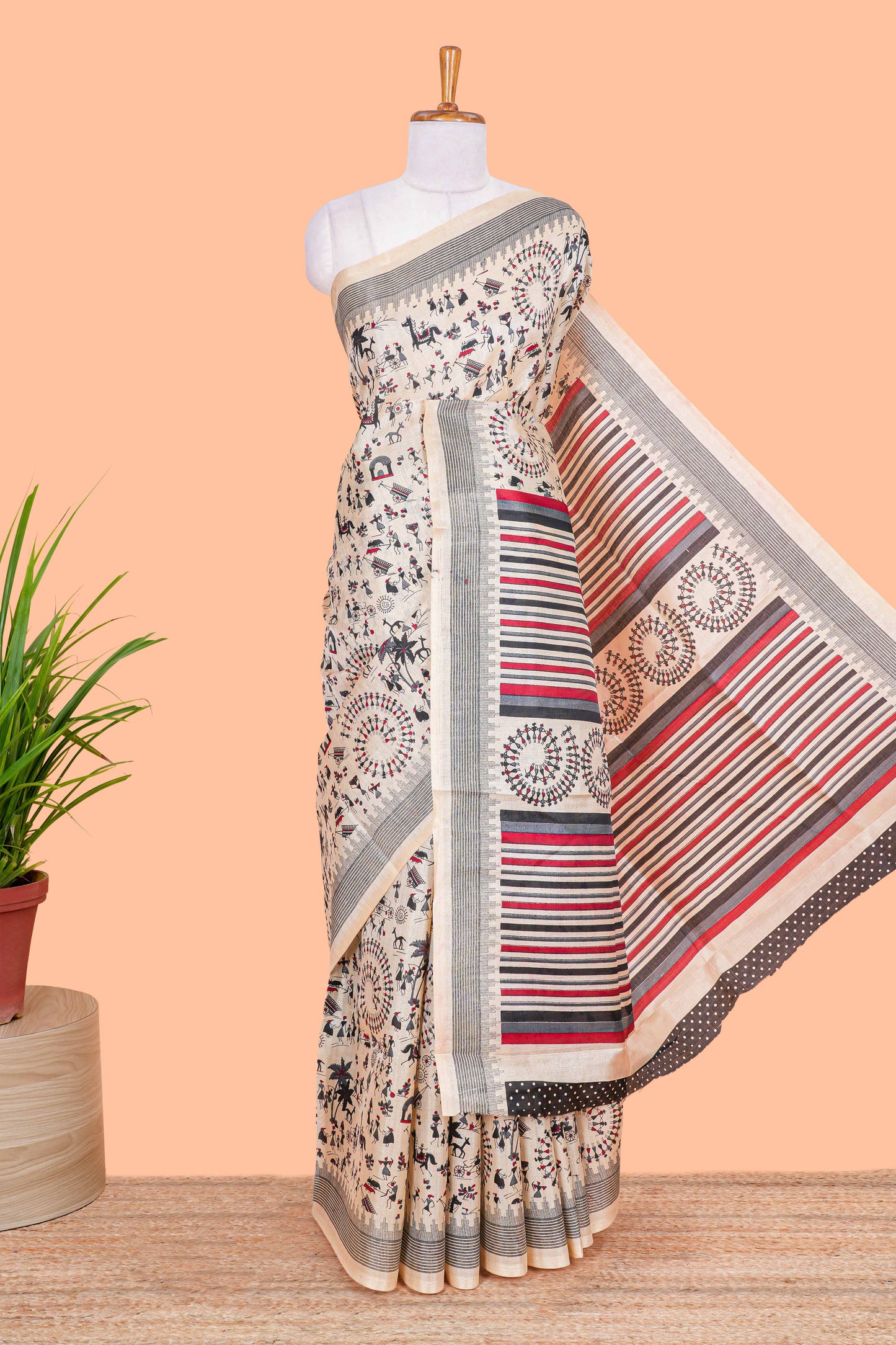 Sandal khadi cotton saree with warli print design on body and pallu