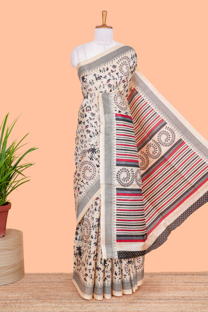 Sandal khadi cotton saree with warli print design on body and pallu