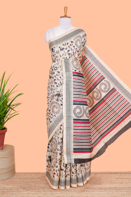 Sandal khadi cotton saree with warli print design on body and pallu