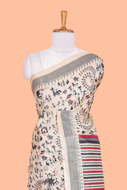 Sandal khadi cotton saree with warli print design on body and pallu
