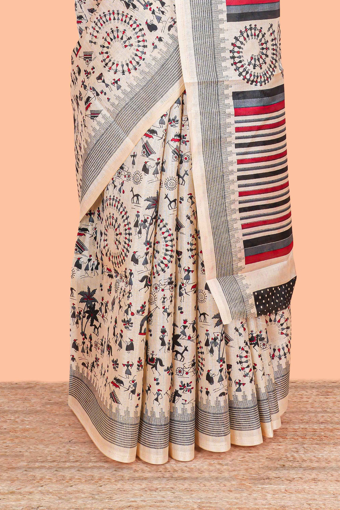Sandal khadi cotton saree with warli print design on body and pallu