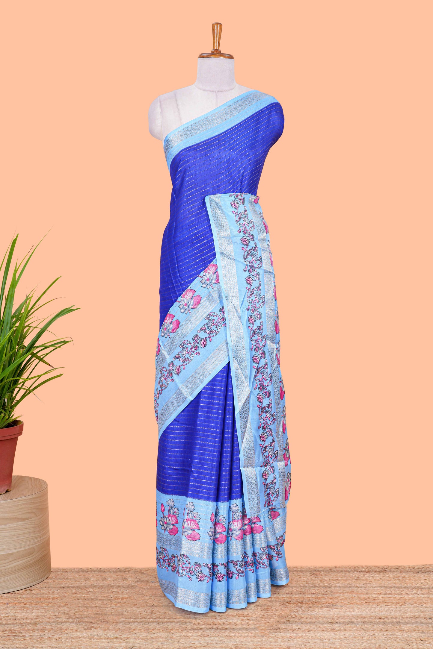 Royal blue zari striped dola silk saree with contrast floral print bentex zari border and printed pallu