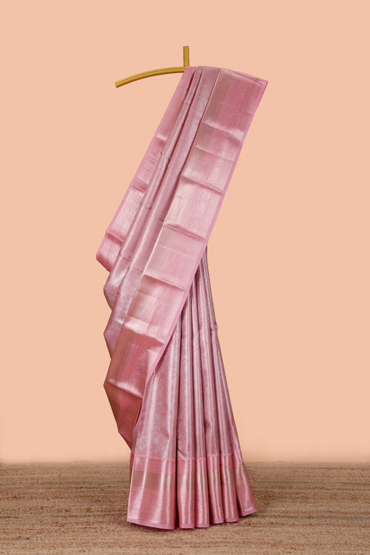 Peach semi banaras tissue saree with floral motifs and zari border