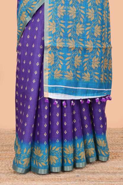 Violet linen saree with all-over butta print, contrast border, printed pallu, and contrast blouse