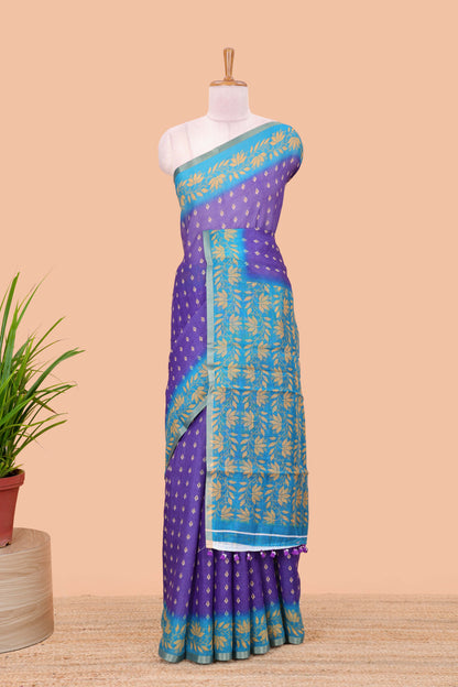 Violet linen saree with all-over butta print, contrast border, printed pallu, and contrast blouse