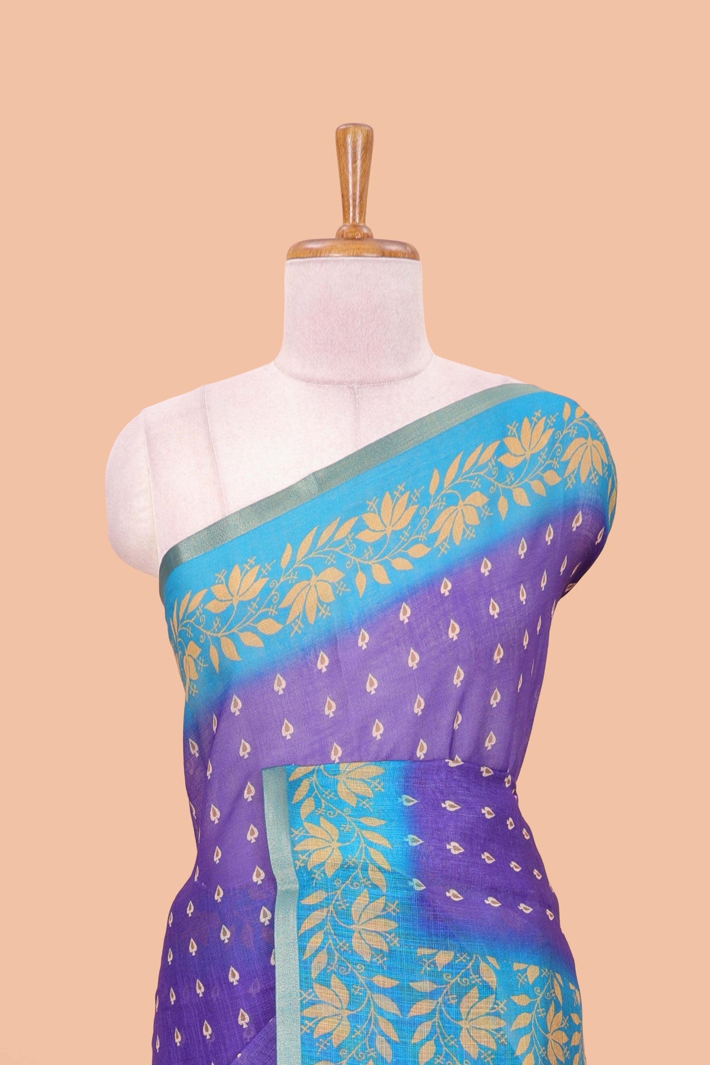 Violet linen saree with all-over butta print, contrast border, printed pallu, and contrast blouse