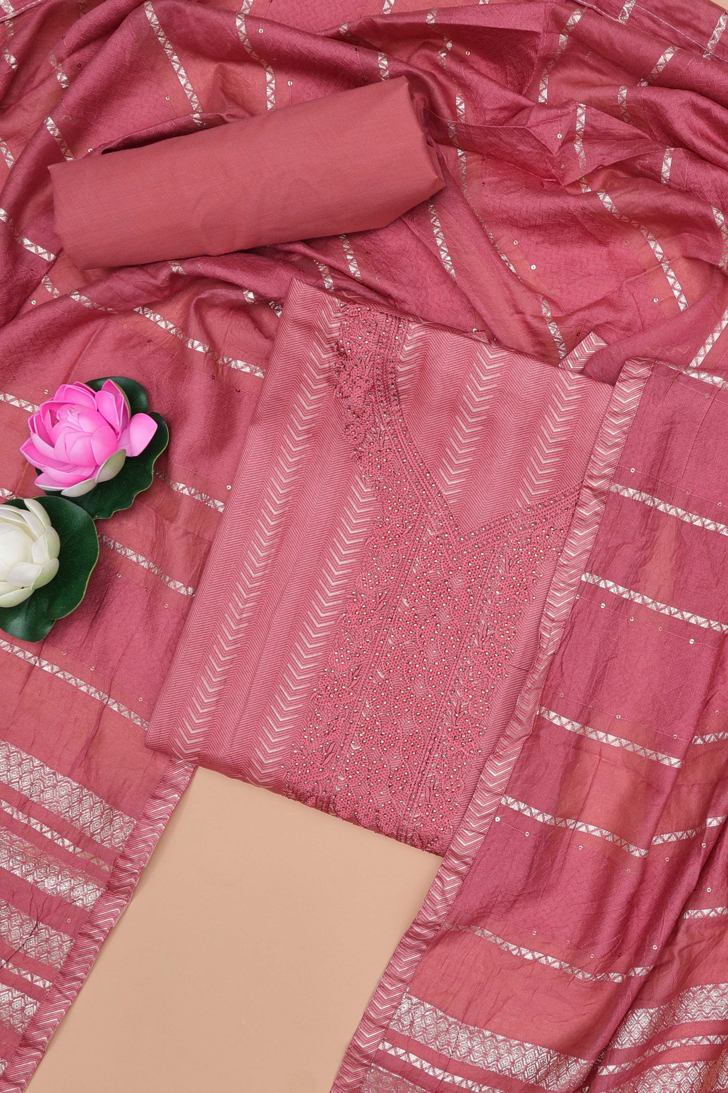 Light red cotton embroidered chudidhar material with bottom and striped dupatta