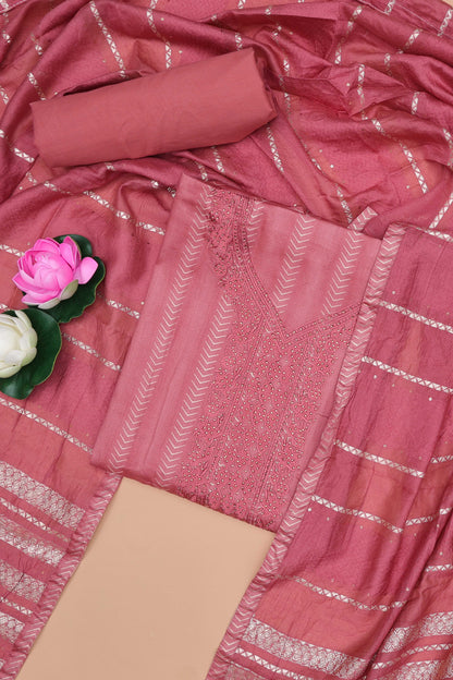 Light red cotton embroidered chudidhar material with bottom and striped dupatta