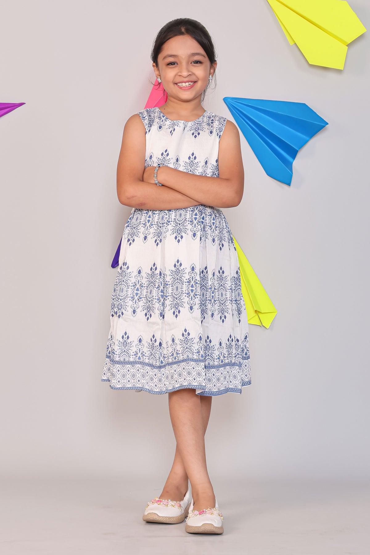 White floral design Sleeveless A-Line Cotton Frock with Detachable Navy Shrug