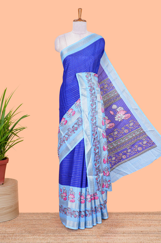 Royal blue zari striped dola silk saree with contrast floral print bentex zari border and printed pallu