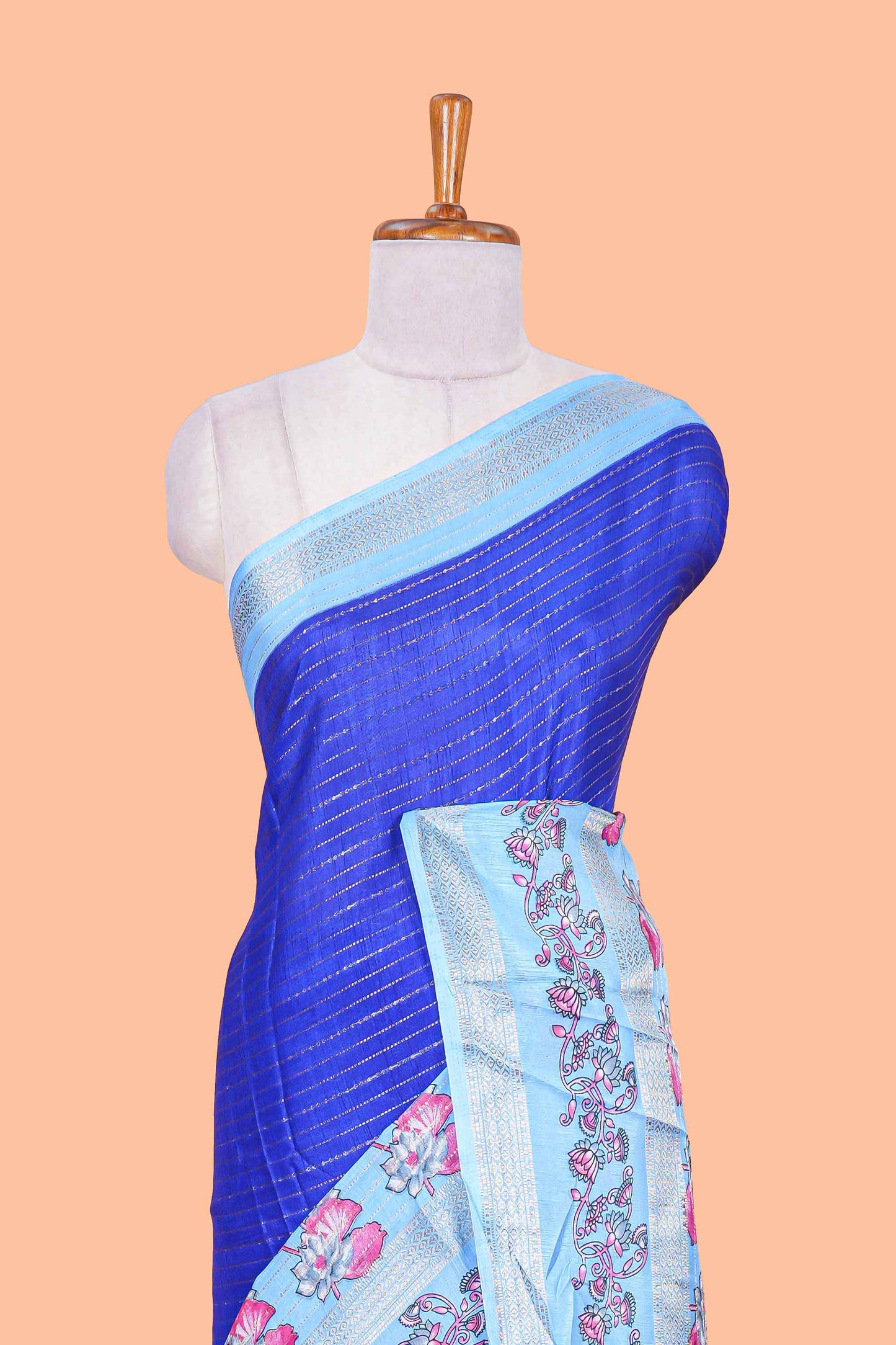 Royal blue zari striped dola silk saree with contrast floral print bentex zari border and printed pallu