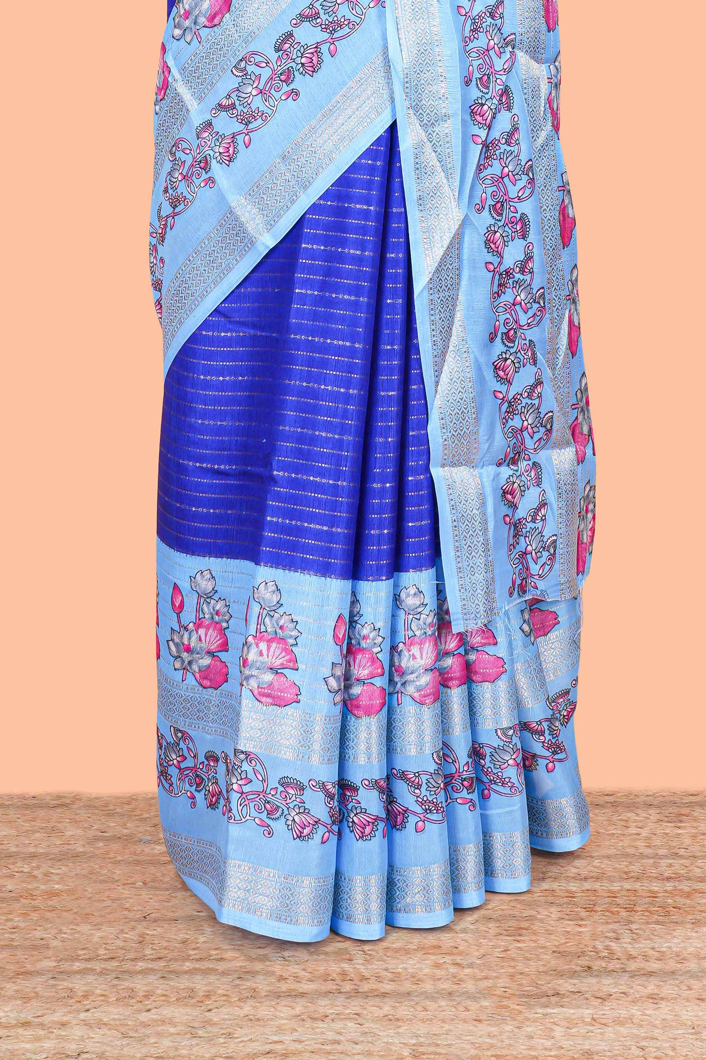 Royal blue zari striped dola silk saree with contrast floral print bentex zari border and printed pallu