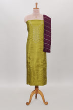 Green embroidery floral motifs chudidhar material with contrast solid pant and striped dupatta