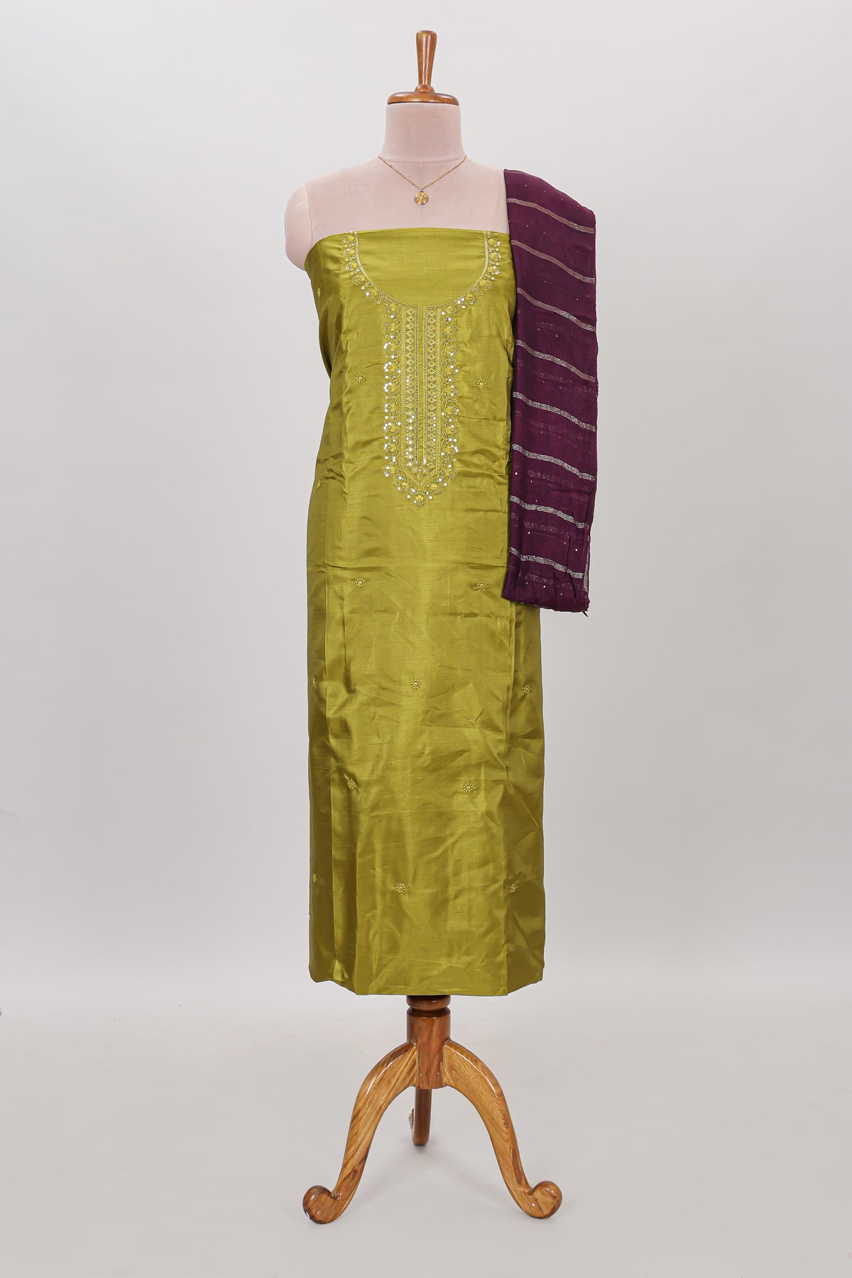 Green embroidery floral motifs chudidhar material with contrast solid pant and striped dupatta