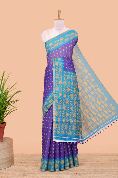 Violet linen saree with all-over butta print, contrast border, printed pallu, and contrast blouse