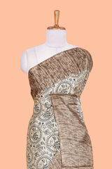 Sandal south cotton saree with warli print, contrast border and print pallu